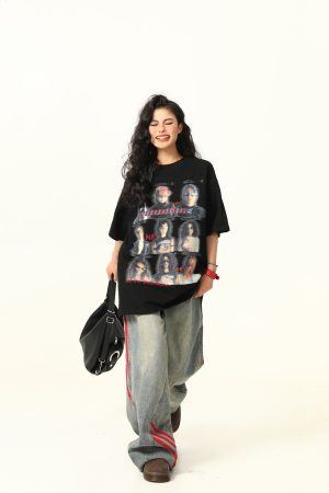 Blurred Portrait Print Vintage Floral Short Sleeve T-Shirt for Women - American Retro Style, Trendy Gray Tee