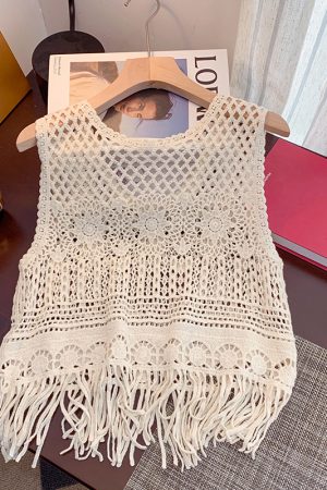 Bohemian Ethnic Knitted Hollow-Out Camisole for Women - Summer Sleeveless Jazz Top for Layering and Casual Outings