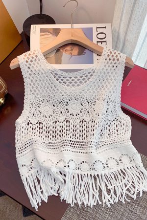 Bohemian Ethnic Knitted Hollow-Out Camisole for Women - Summer Sleeveless Jazz Top for Layering and Casual Outings
