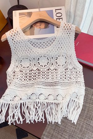 Bohemian Ethnic Knitted Hollow-Out Camisole for Women - Summer Sleeveless Jazz Top for Layering and Casual Outings