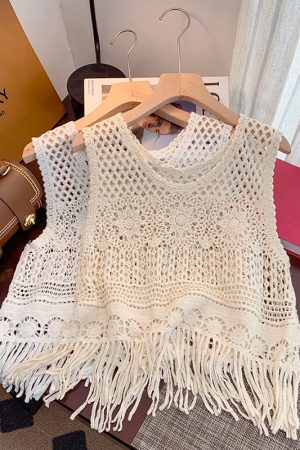 Bohemian Ethnic Knitted Hollow-Out Camisole for Women - Summer Sleeveless Jazz Top for Layering and Casual Outings