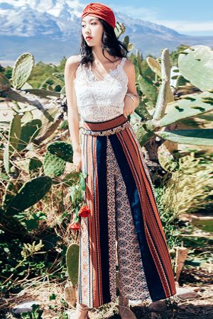 Bohemian High-Waisted Wide-Leg Beach Pants - Chiffon Printed Ethnic Style for Seaside Travel, Thailand Vibes