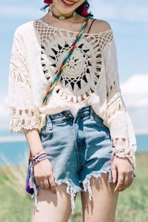 Bohemian Lightweight Sun Protection Top with Hollow Crochet Design for Women - Perfect Vacation Beachwear