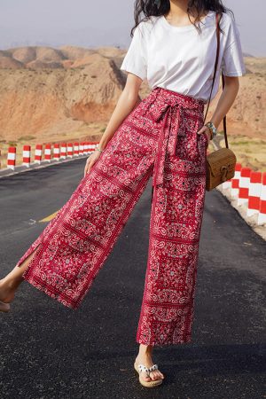 Bohemian Thai Beach Pants for Women, Summer Ethnic Travel Split Wide-Leg Trousers, Vacation Printed Wide-Leg Pants