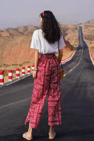 Bohemian Thai Beach Pants for Women, Summer Ethnic Travel Split Wide-Leg Trousers, Vacation Printed Wide-Leg Pants