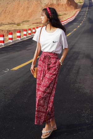 Bohemian Thai Beach Pants for Women, Summer Ethnic Travel Split Wide-Leg Trousers, Vacation Printed Wide-Leg Pants