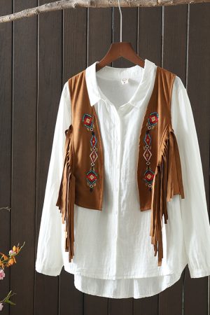 Bohemian Vintage Tassel Embroidered Vest Outerwear for Travel, Women's Short Tank Top, Perfect for Vacation and Summer Outfits