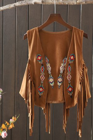 Bohemian Vintage Tassel Embroidered Vest Outerwear for Travel, Women's Short Tank Top, Perfect for Vacation and Summer Outfits