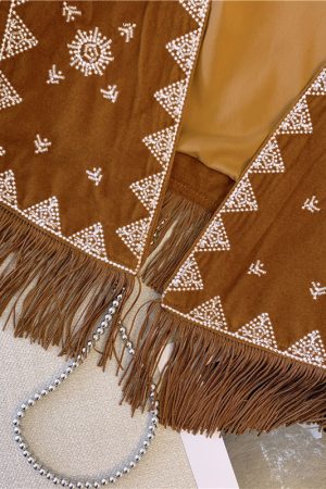 Bohemian Western Cowboy Brown Suede Embroidered Vest - Versatile Short Outer Cardigan Jacket for Y2K and Ethnic Style