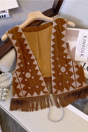 Bohemian Western Cowboy Brown Suede Embroidered Vest - Versatile Short Outer Cardigan Jacket for Y2K and Ethnic Style