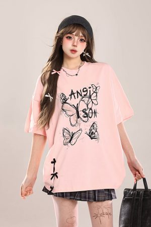 Bow Print Short-Sleeve T-Shirt for Women - Summer 2025 Loose Fit Lazy Style Top