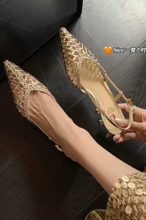 Breathable Hollow Pointed Toe Stiletto Sandals for Women - Trendy Slip-On Woven Shoes in Italian Style