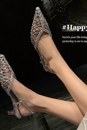 Breathable Hollow Pointed Toe Stiletto Sandals for Women - Trendy Slip-On Woven Shoes in Italian Style