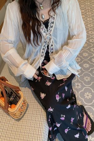 Breathable Long Sleeve Lace Blouse for Women - Summer 2025 Thin Shirt Jacket, Niche Design, Perfect for 90s and Y2K Fashion