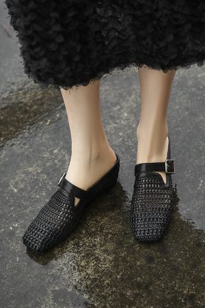 Breathable Open-Toe Woven Mule Shoes with Belt Buckle - Italian Vacation Style Outdoor Slippers for Women