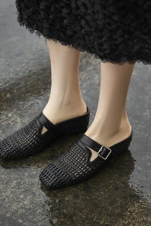 Breathable Open-Toe Woven Mule Shoes with Belt Buckle - Italian Vacation Style Outdoor Slippers for Women