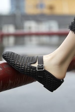 Breathable Open-Toe Woven Mule Shoes with Belt Buckle - Italian Vacation Style Outdoor Slippers for Women