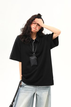 Bright Line Camo Design Retro Short Sleeve T-Shirt, Unisex Polo Collar, Heavyweight Style, 90s American Fashion