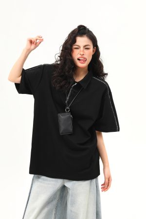 Bright Line Camo Design Retro Short Sleeve T-Shirt, Unisex Polo Collar, Heavyweight Style, 90s American Fashion