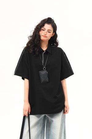 Bright Line Camo Design Retro Short Sleeve T-Shirt, Unisex Polo Collar, Heavyweight Style, 90s American Fashion