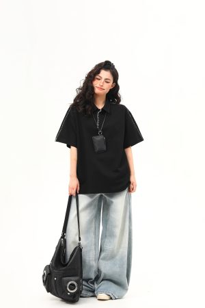 Bright Line Camo Design Retro Short Sleeve T-Shirt, Unisex Polo Collar, Heavyweight Style, 90s American Fashion