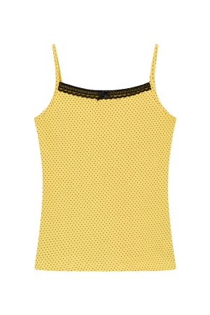 Bright Yellow Polka Dot Black Lace Trim Camisole - Summer Casual Women's Tank Top, Perfect for Y2K and Playful Styles