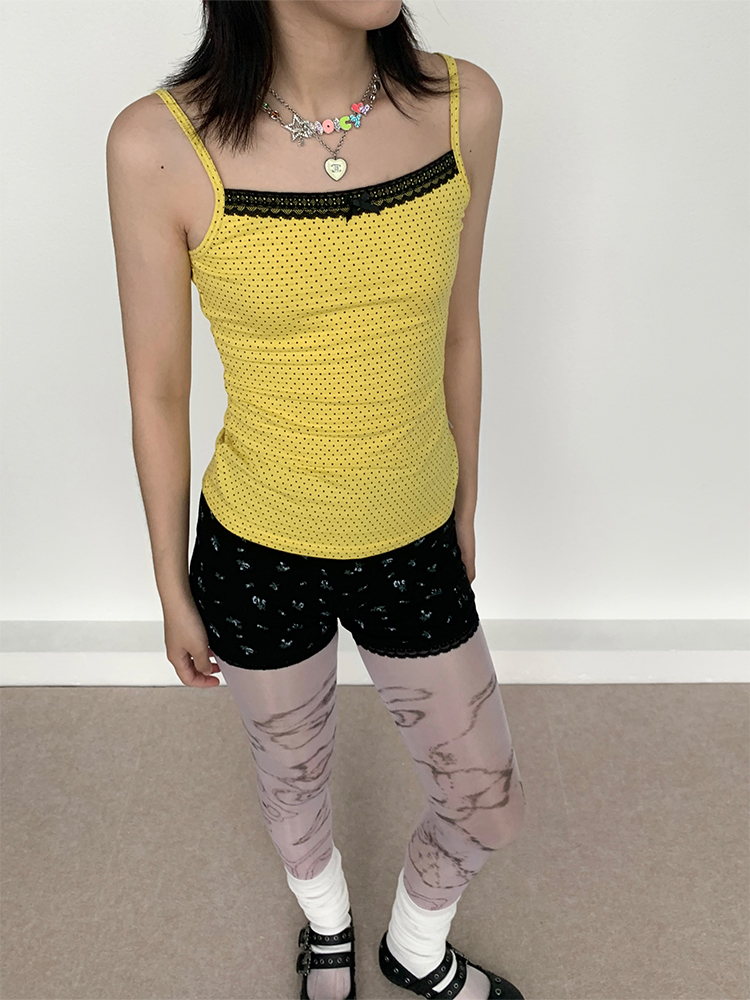 Bright Yellow Polka Dot Black Lace Trim Camisole - Summer Casual Women's Tank Top, Perfect for Y2K and Playful Styles Bright Yellow Polka Dot Black Lace Trim Camisole - Summer Casual Women's Tank Top, Perfect for Y2K and Playful Styles