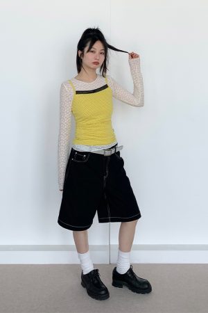Bright Yellow Polka Dot Black Lace Trim Camisole - Summer Casual Women's Tank Top, Perfect for Y2K and Playful Styles