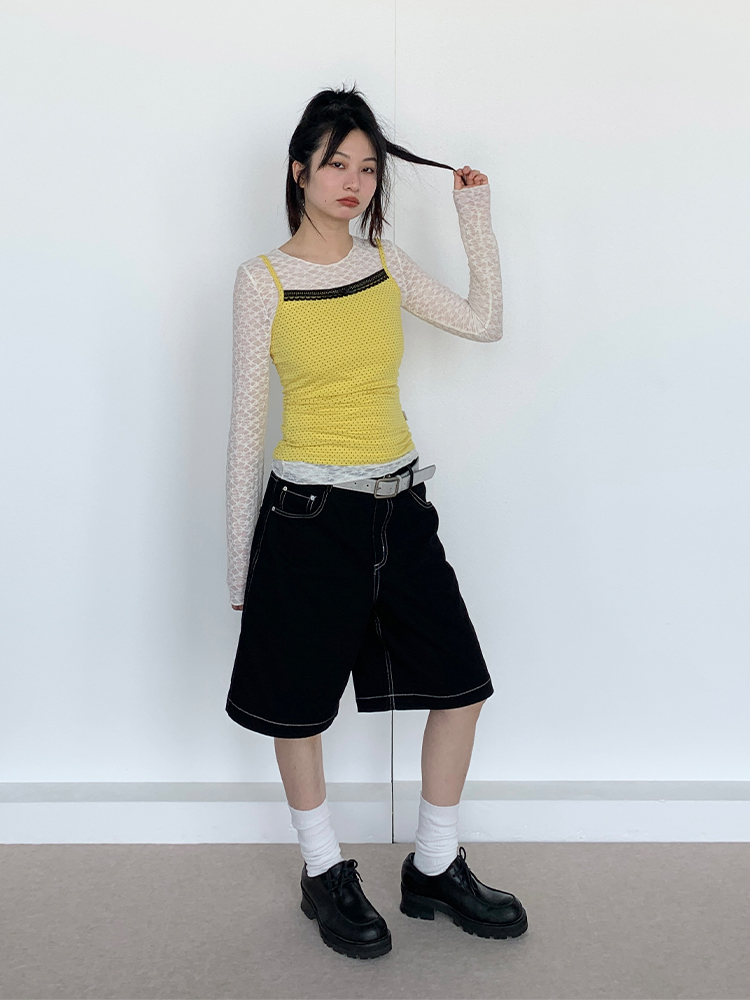 Bright Yellow Polka Dot Black Lace Trim Camisole - Summer Casual Women's Tank Top, Perfect for Y2K and Playful Styles Bright Yellow Polka Dot Black Lace Trim Camisole - Summer Casual Women's Tank Top, Perfect for Y2K and Playful Styles