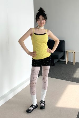 Bright Yellow Polka Dot Black Lace Trim Camisole - Summer Casual Women's Tank Top, Perfect for Y2K and Playful Styles