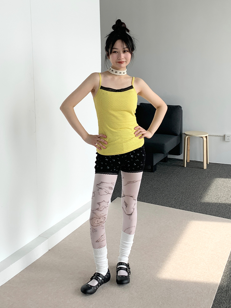 Bright Yellow Polka Dot Black Lace Trim Camisole - Summer Casual Women's Tank Top, Perfect for Y2K and Playful Styles Bright Yellow Polka Dot Black Lace Trim Camisole - Summer Casual Women's Tank Top, Perfect for Y2K and Playful Styles