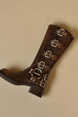 Brown Genuine Leather Buckle Long Boots for Women - Autumn Winter High Cowboy Boots, Western Style Footwear