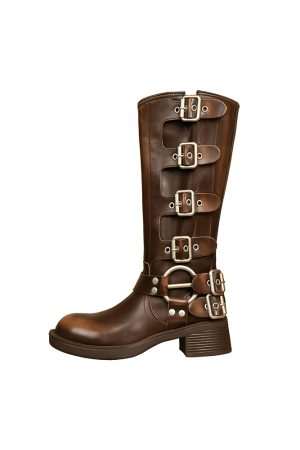 Brown Genuine Leather Buckle Long Boots for Women - Autumn Winter High Cowboy Boots, Western Style Footwear