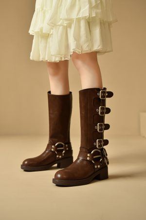 Brown Genuine Leather Buckle Long Boots for Women - Autumn Winter High Cowboy Boots, Western Style Footwear