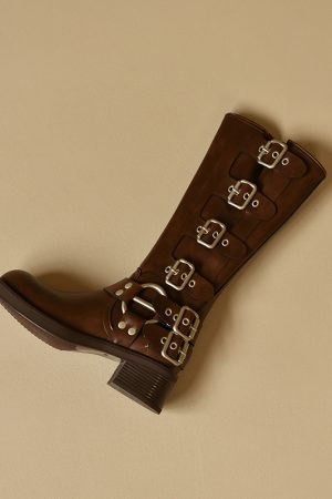 Brown Genuine Leather Buckle Long Boots for Women - Autumn Winter High Cowboy Boots, Western Style Footwear