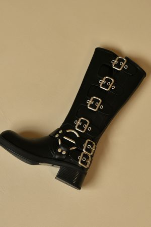 Brown Genuine Leather Buckle Long Boots for Women - Autumn Winter High Cowboy Boots, Western Style Footwear