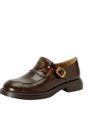 Brown Genuine Leather Camellia Flat Loafers for Women - 2025 British Style Summer Shoes