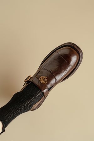 Brown Genuine Leather Camellia Flat Loafers for Women - 2025 British Style Summer Shoes