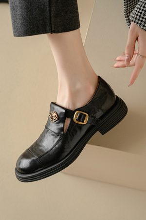 Brown Genuine Leather Camellia Flat Loafers for Women - 2025 British Style Summer Shoes