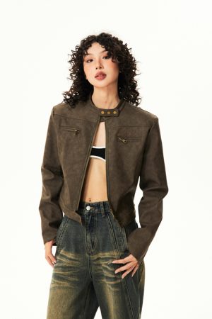 Brown Leather Motorcycle Jacket for Women â€“ Sexy Slim Fit, American Retro Style, Autumn Trend, Short Design