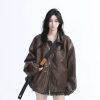 Brown Motorcycle PU Leather Jacket for Women - Vintage American Retro Style, Loose Fit, Autumn Fashion, Trendy Outerwear