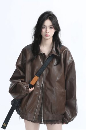 Brown Motorcycle PU Leather Jacket for Women - Vintage American Retro Style, Loose Fit, Autumn Fashion, Trendy Outerwear