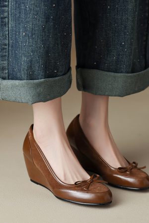 Brown Suede Bow Wedge Heels for Women - Spring Summer 2025 Elegant Cutout Design, Y2K Inspired Fashion
