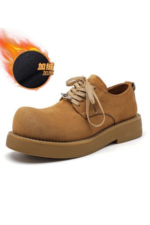 Brown Suede Derby Shoes for Men and Women - Low-Top Thick-Soled Height-Increasing Mickey Style Boots