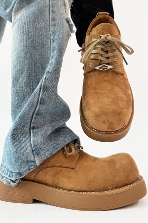 Brown Suede Derby Shoes for Men and Women - Low-Top Thick-Soled Height-Increasing Mickey Style Boots
