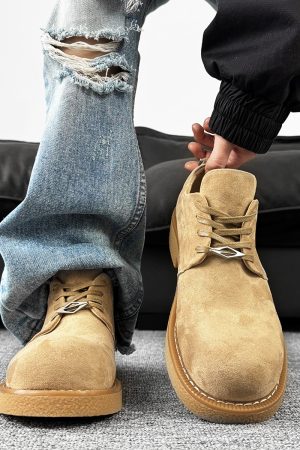 Brown Suede Thick-Soled Mickey Derby Shoes for Men, Height-Increasing Round-Toe Low-Top American Style Trendy Boots