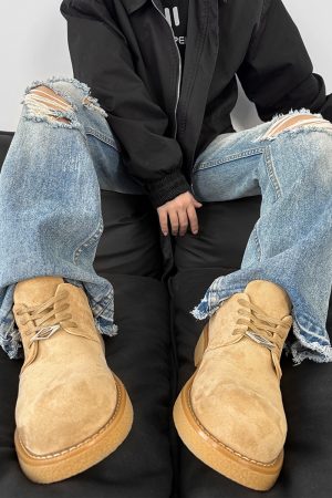 Brown Suede Thick-Soled Mickey Derby Shoes for Men, Height-Increasing Round-Toe Low-Top American Style Trendy Boots