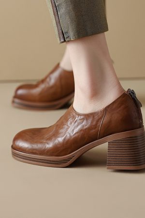 Brown Vintage Italian-Style Soft Sole Ankle Boots with Back Zipper â€“ 6.5 cm Heel, Comfortable Cow Leather Footwear
