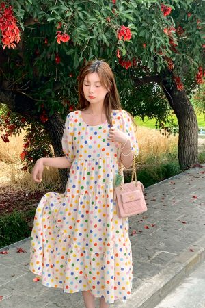 Bubble Neon Polka Dot Linen Dress for Women - Summer Puff Sleeve Long Skirt, Vintage Style Dopamine Outfit
