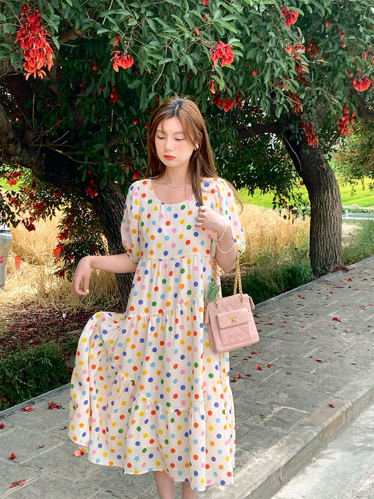 Bubble Neon Polka Dot Linen Dress for Women - Summer Puff Sleeve Long Skirt, Vintage Style Dopamine Outfit Bubble Neon Polka Dot Linen Dress for Women - Summer Puff Sleeve Long Skirt, Vintage Style Dopamine Outfit